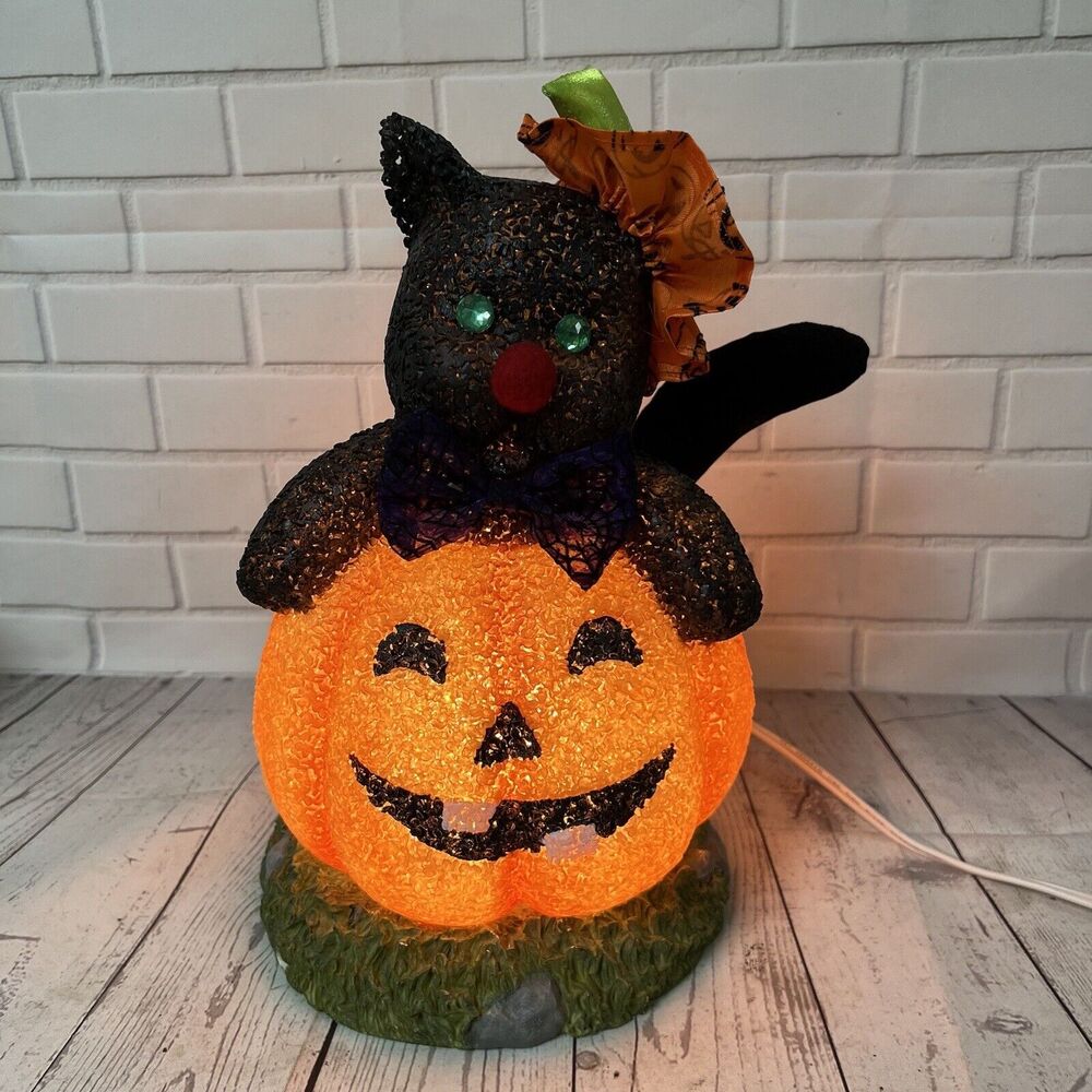 Vintage Halloween 12”x8” Lighted Pumpkin Black Cat Lamp Decoration Jackolantern